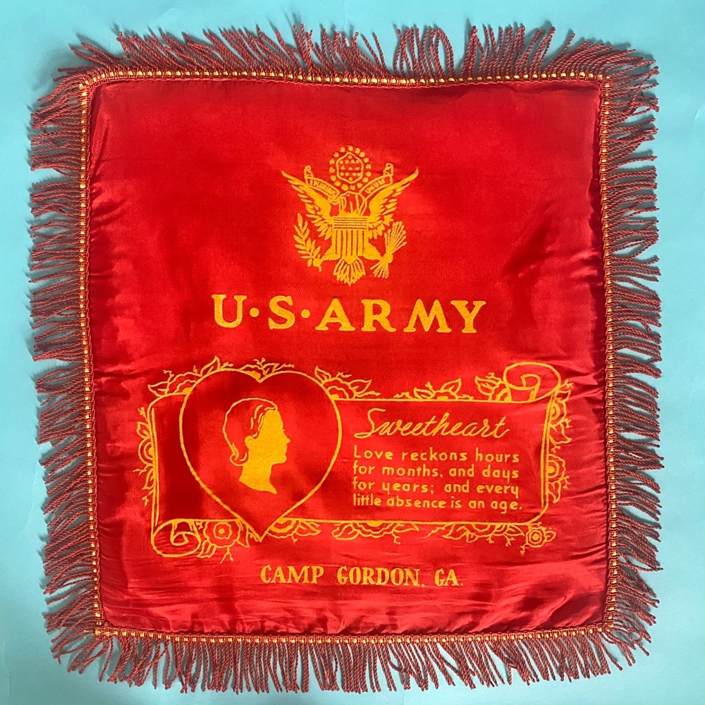 1940s Pillow Cover WWII Sweetheart Cushion Red Satin Fringe U.S. Army Love Gift